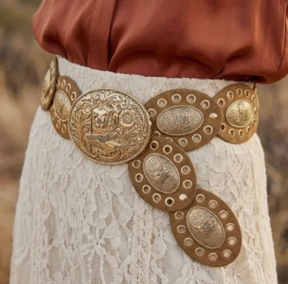 Western Oval Concho Vegan Leather Belt-Gold/Brown