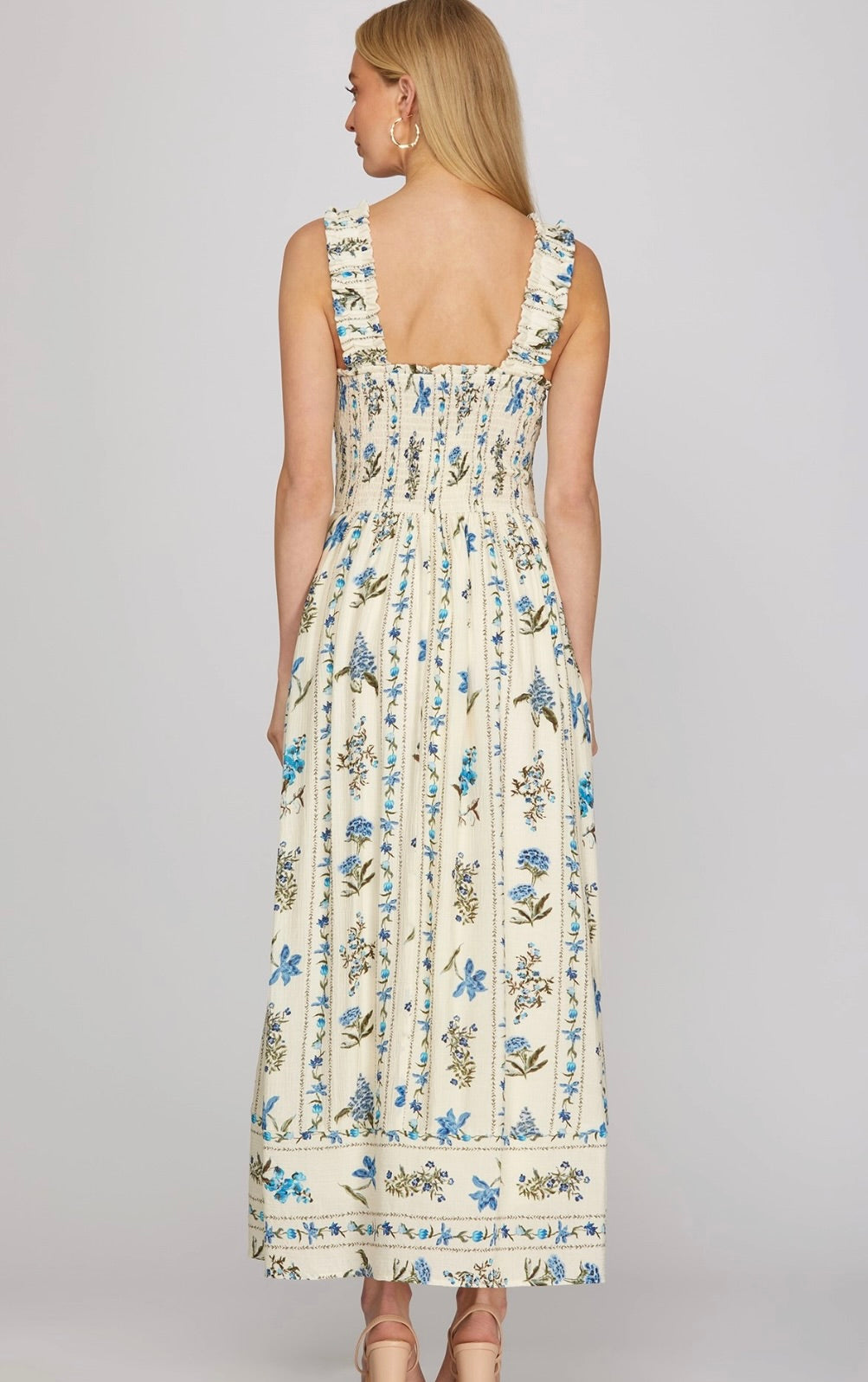 Isolde SLEEVELESS WOVEN PRINT SMOCKED MAXI DRESS-Blue