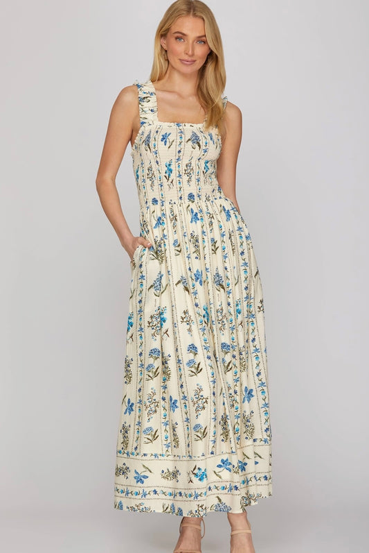 Isolde SLEEVELESS WOVEN PRINT SMOCKED MAXI DRESS-Blue