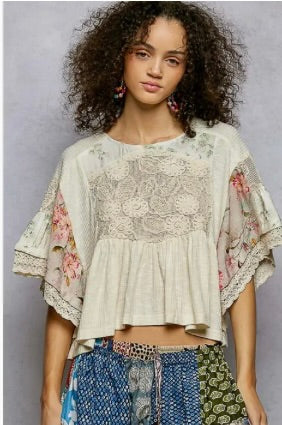 Rib Floral Pattern Round Neck Short Sleeve Top-Natural