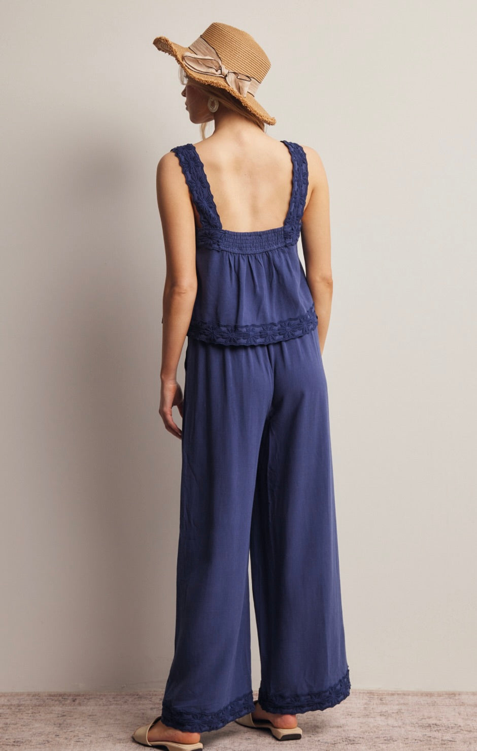 Kaya Embroidered Square-Neck Tank & Wide-Leg Pants Set