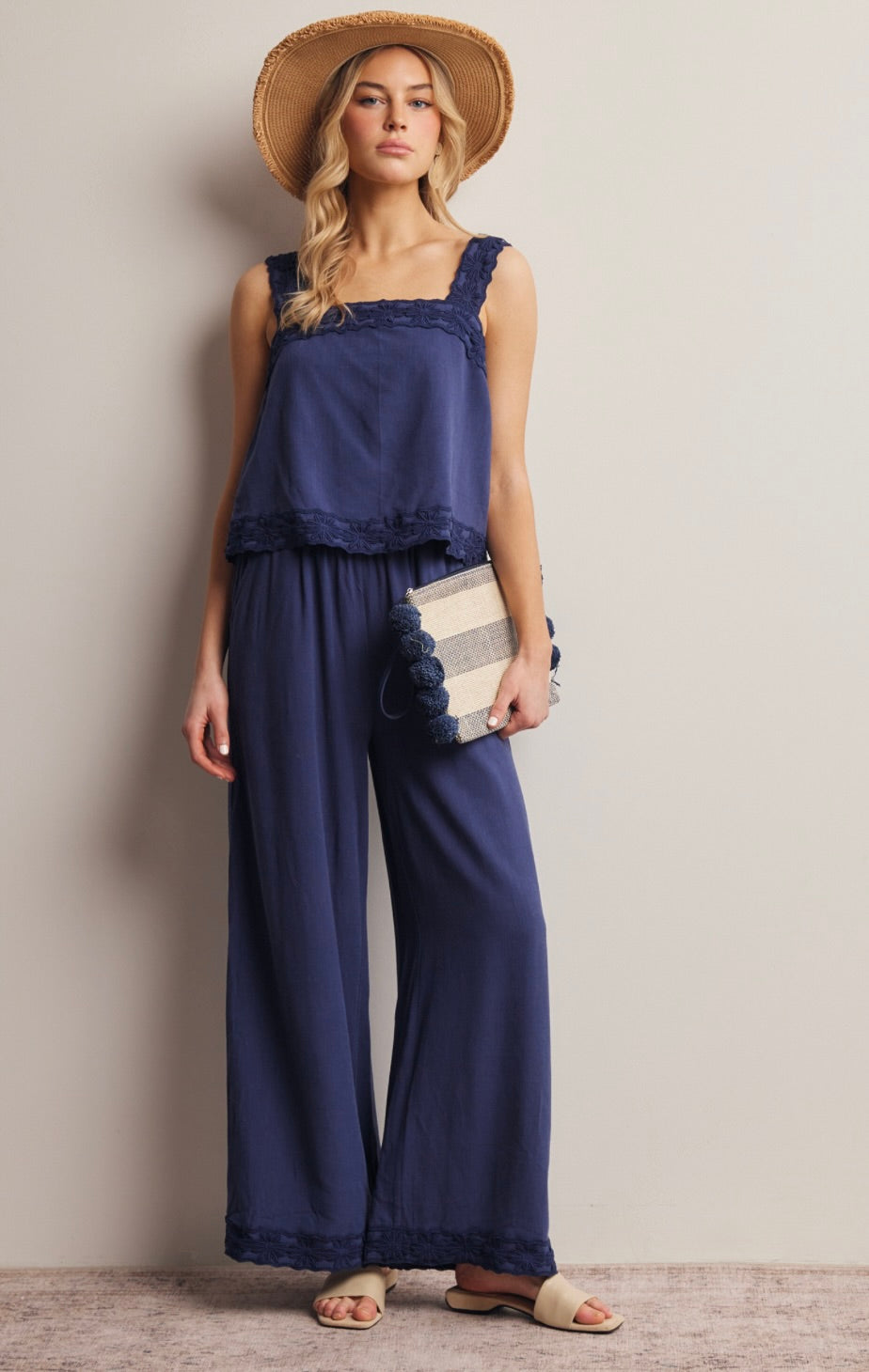 Kaya Embroidered Square-Neck Tank & Wide-Leg Pants Set