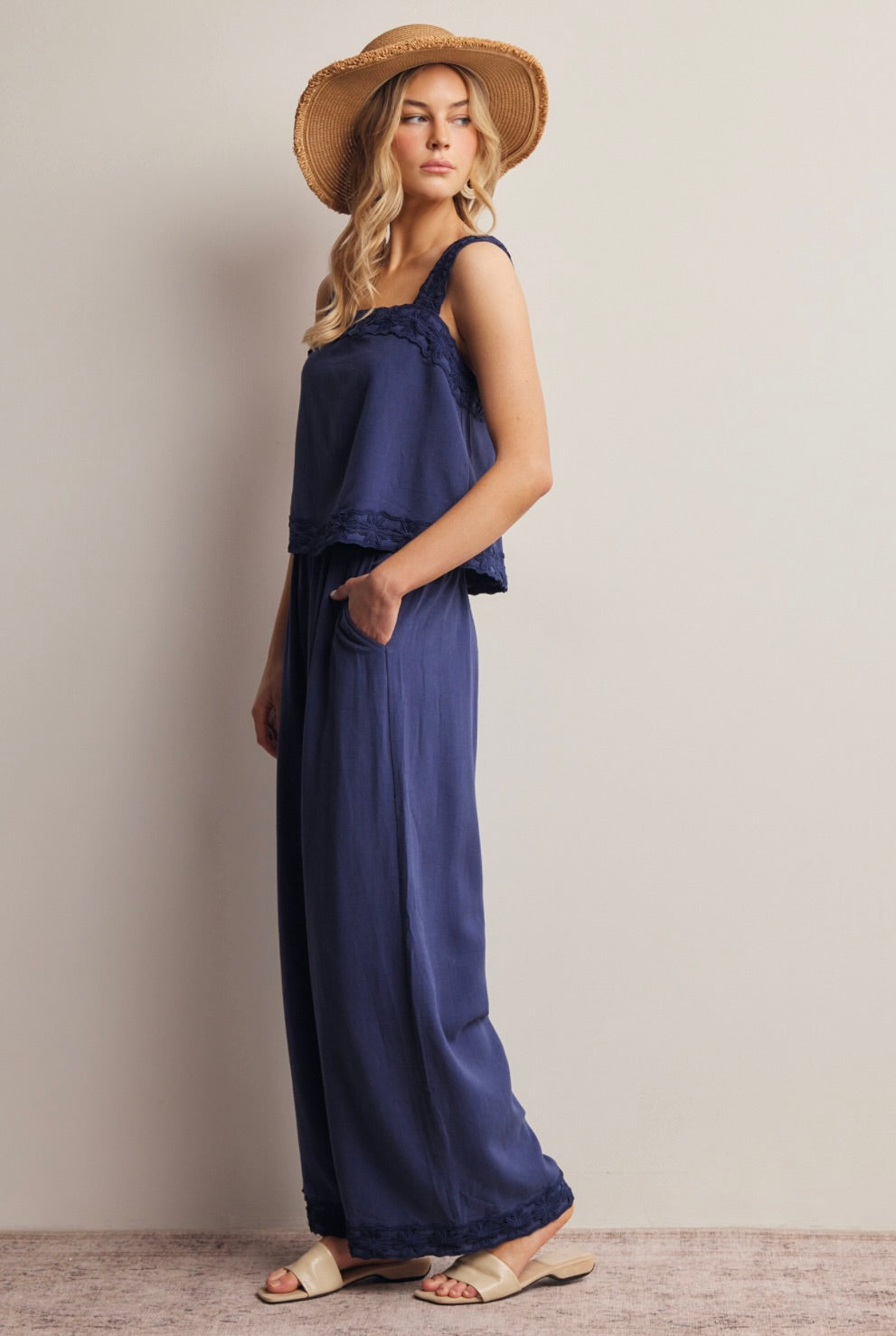 Kaya Embroidered Square-Neck Tank & Wide-Leg Pants Set