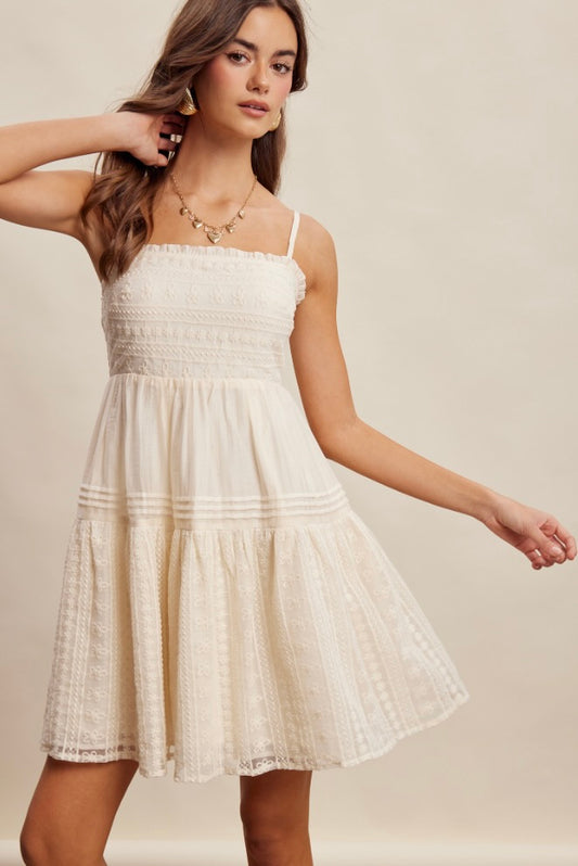 Dentelle Lace Tiered Mini Dress-Ecru