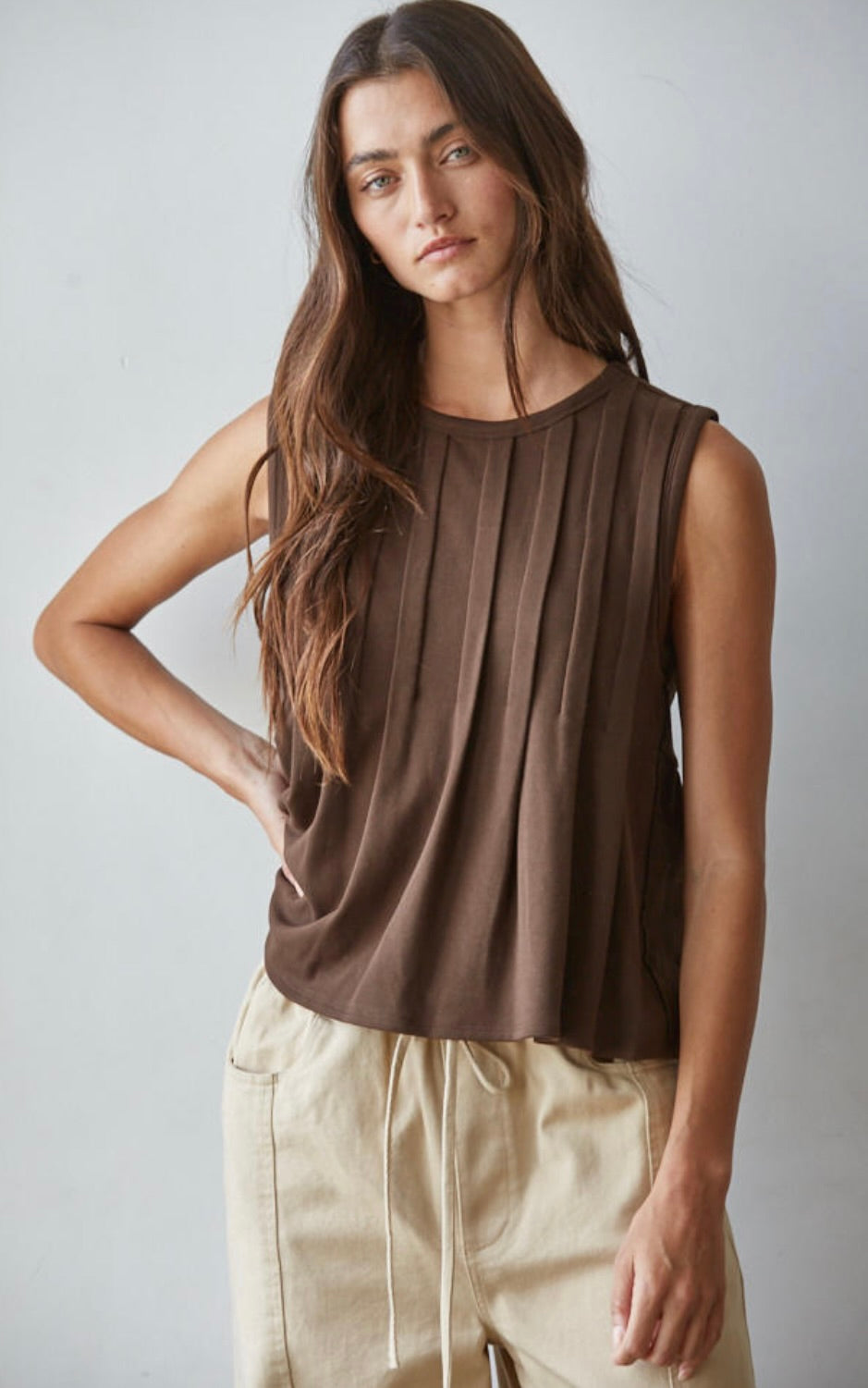 Aura Pleated Front Tops-Brown