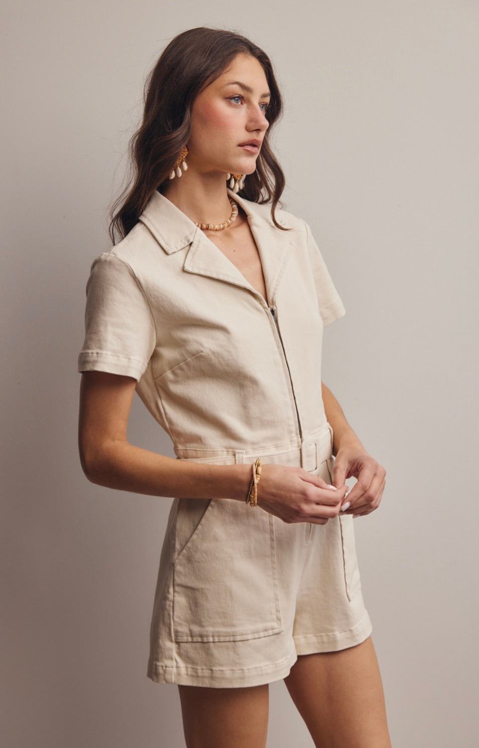 Zip-Front Belted Cotton Twill Romper-Cream