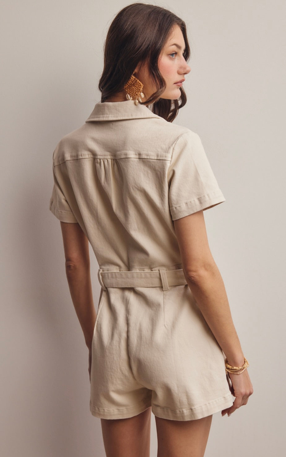 Zip-Front Belted Cotton Twill Romper-Cream