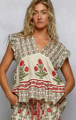 Rayle V-Neck Floral Pattern Ruffle Top