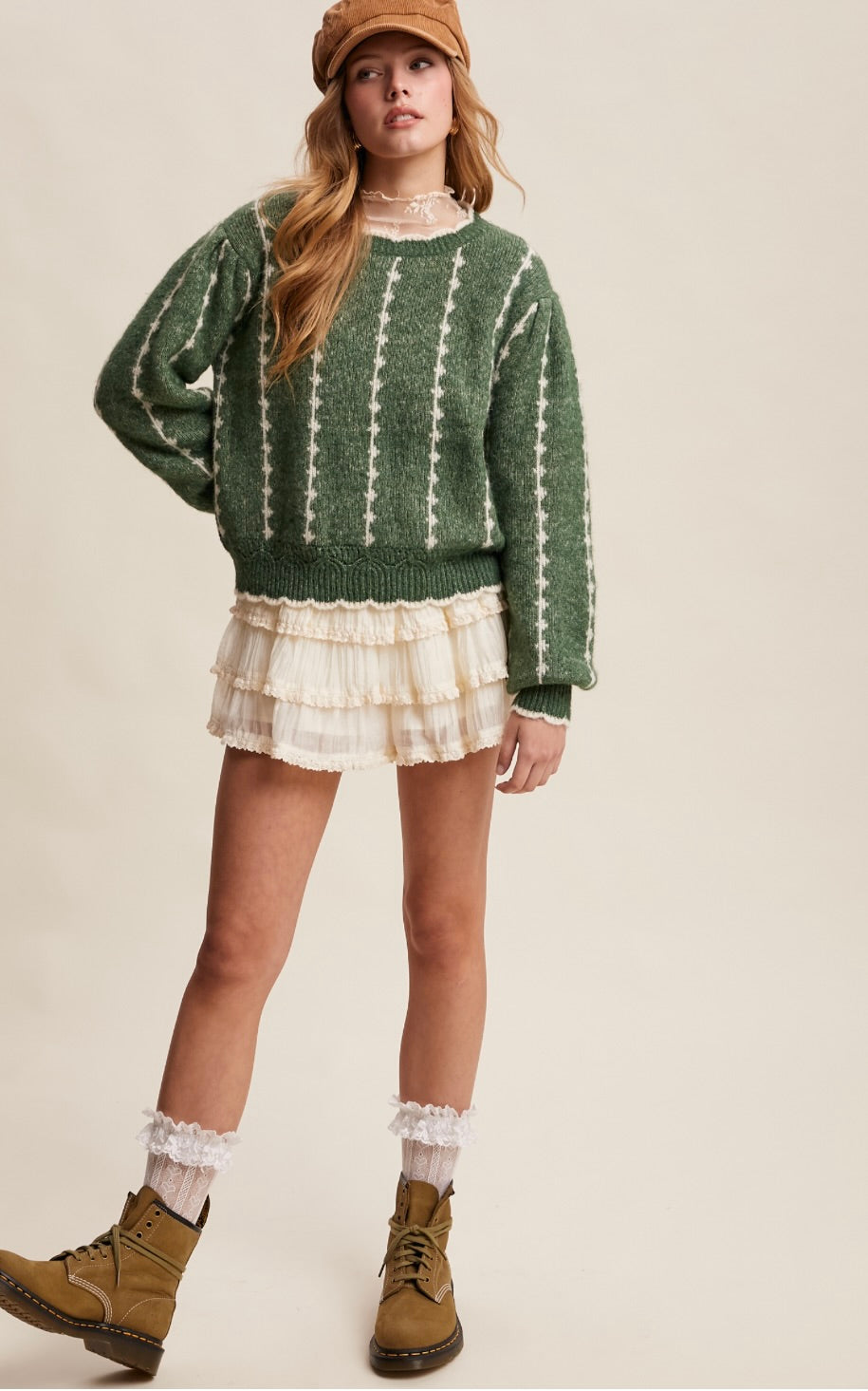 Tiered Ruffle Lace Trim Skort-Ivory
