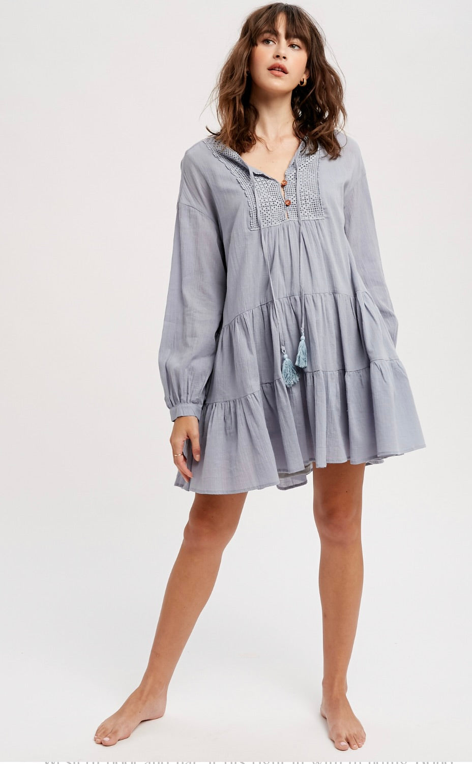 Finley Crochet Trim Tiered Mini Dress-Misty Blue