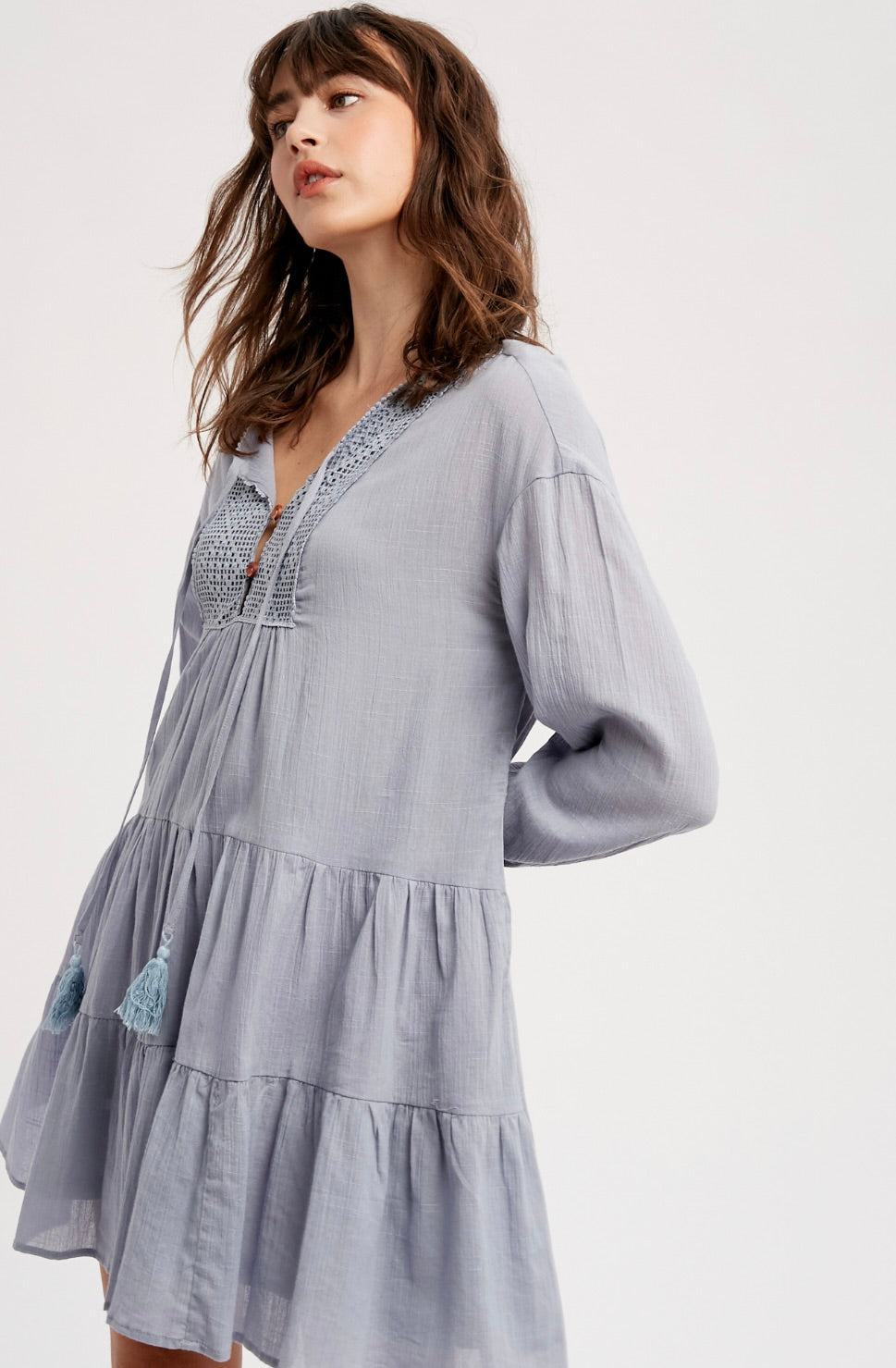 Finley Crochet Trim Tiered Mini Dress-Misty Blue