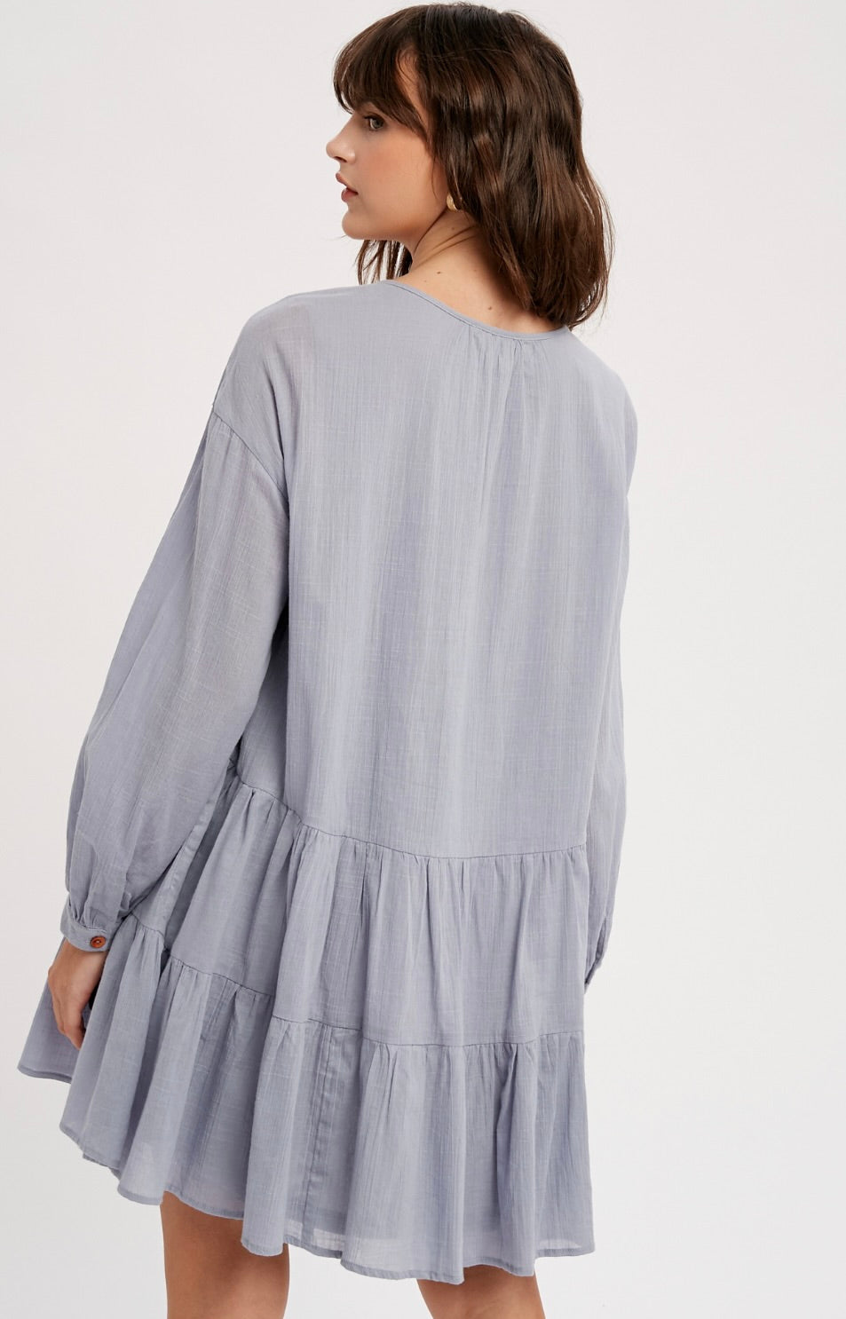 Finley Crochet Trim Tiered Mini Dress-Misty Blue