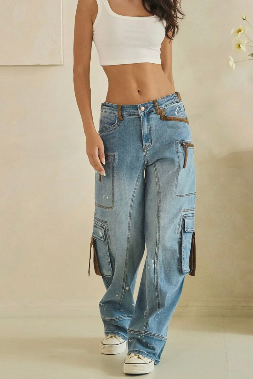 Luca WASHED PAINT SPATTERED SUEDE TRIM DETAIL CARGO JEANS