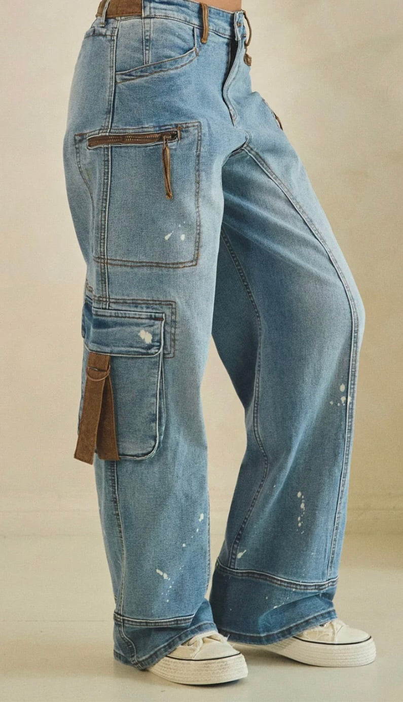 Luca WASHED PAINT SPATTERED SUEDE TRIM DETAIL CARGO JEANS