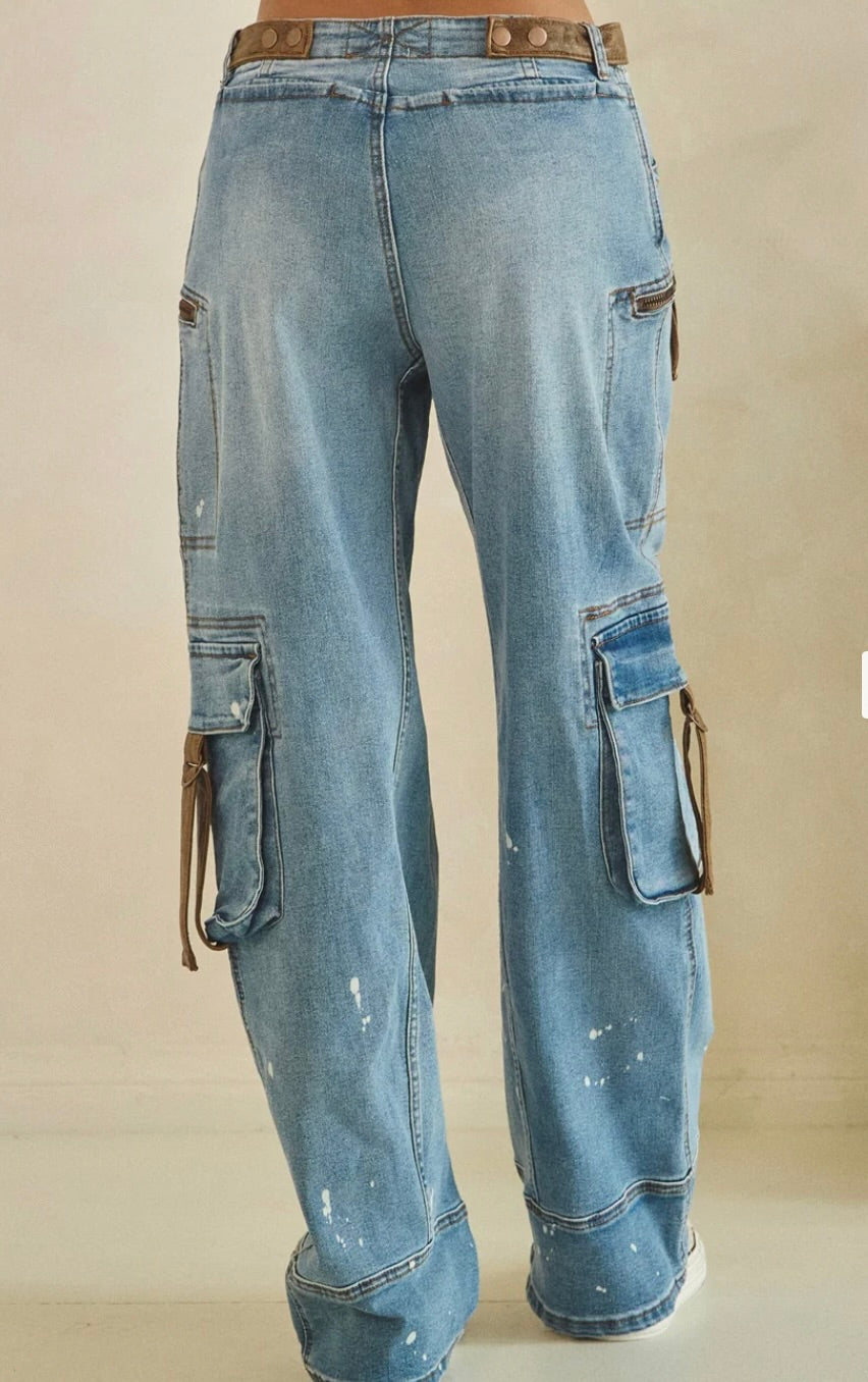 Luca WASHED PAINT SPATTERED SUEDE TRIM DETAIL CARGO JEANS