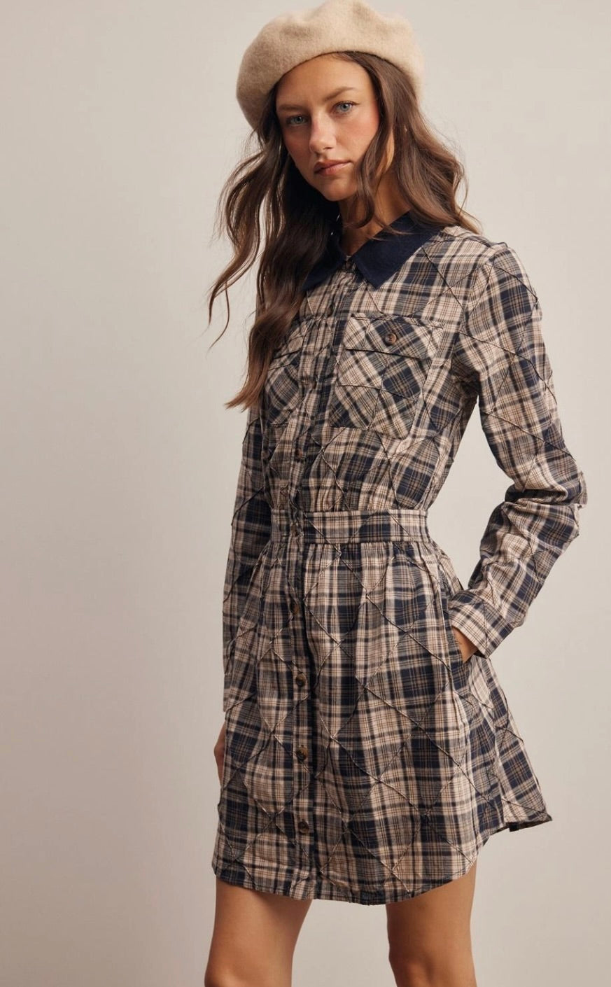 Corduroy Collar Plaid Textured Cotton Shirt Dress-Navy