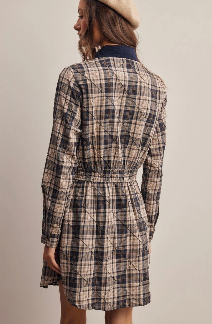 Corduroy Collar Plaid Textured Cotton Shirt Dress-Navy