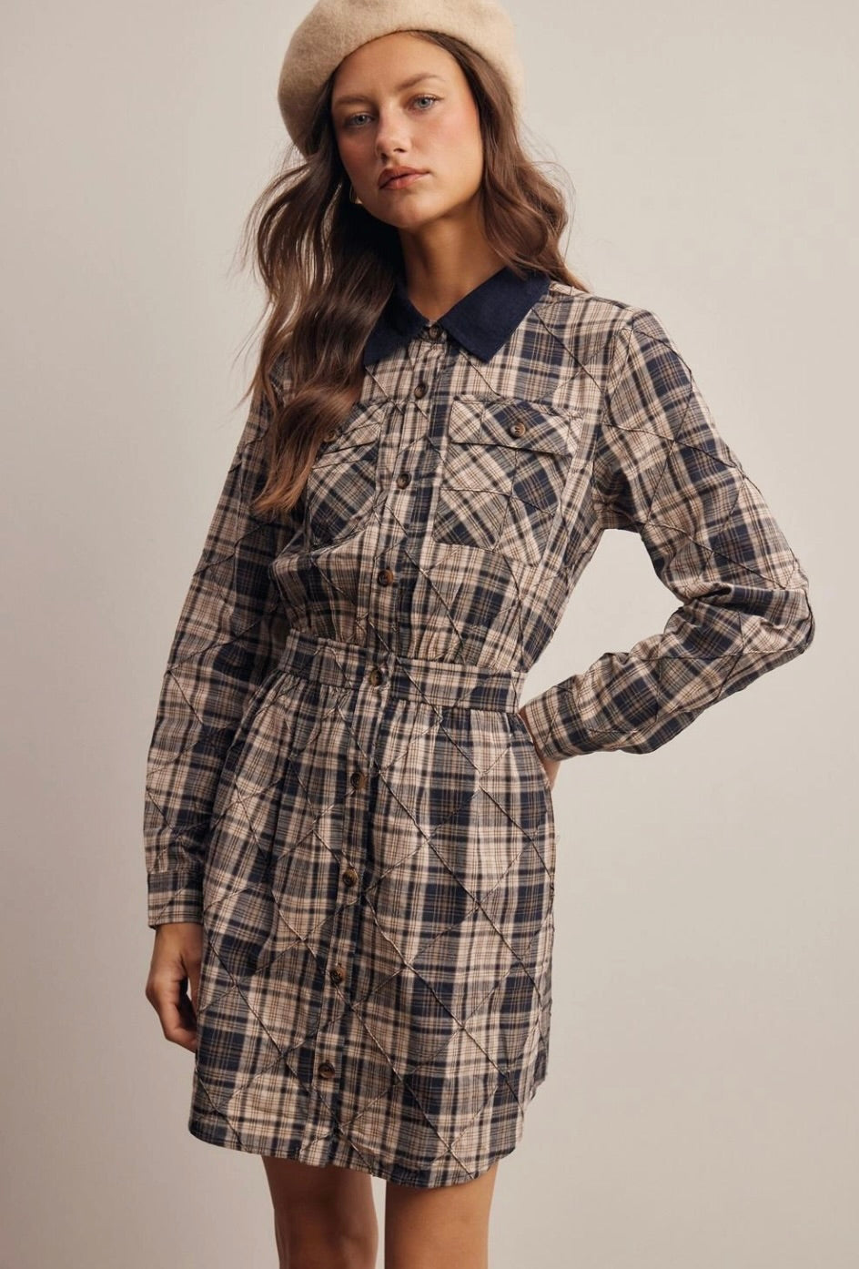 Corduroy Collar Plaid Textured Cotton Shirt Dress-Navy