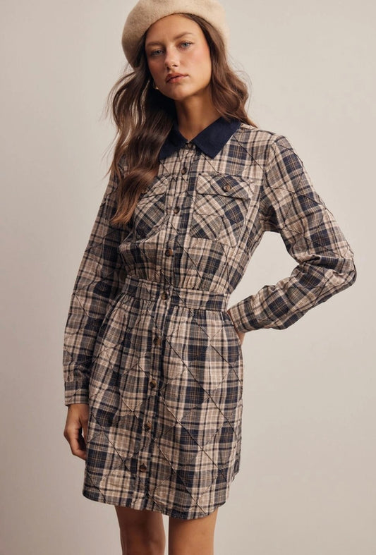 Corduroy Collar Plaid Textured Cotton Shirt Dress-Navy