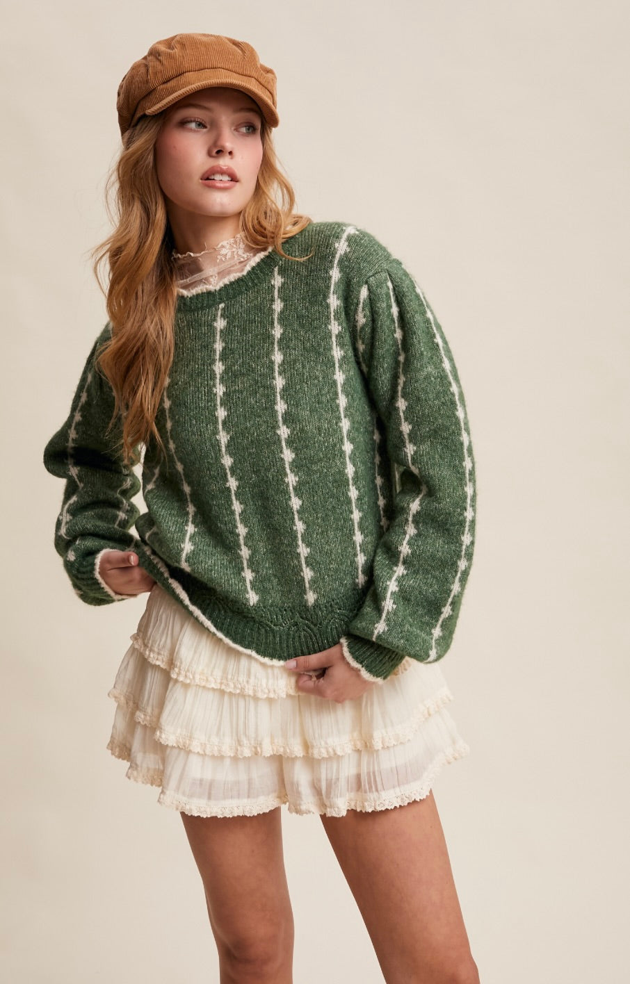 Textured Jacquard Knit Crew Sweater-Green