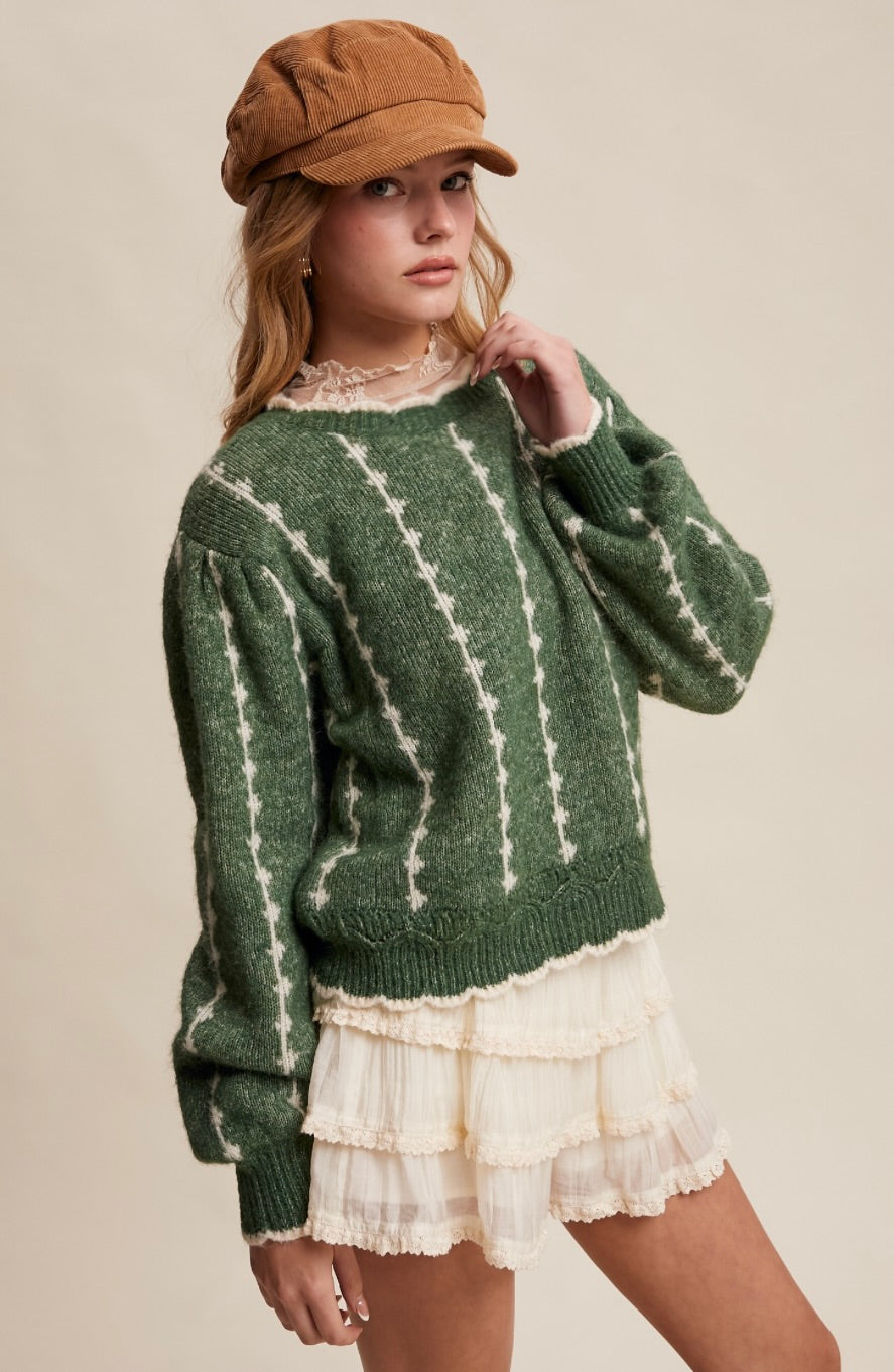 Textured Jacquard Knit Crew Sweater-Green