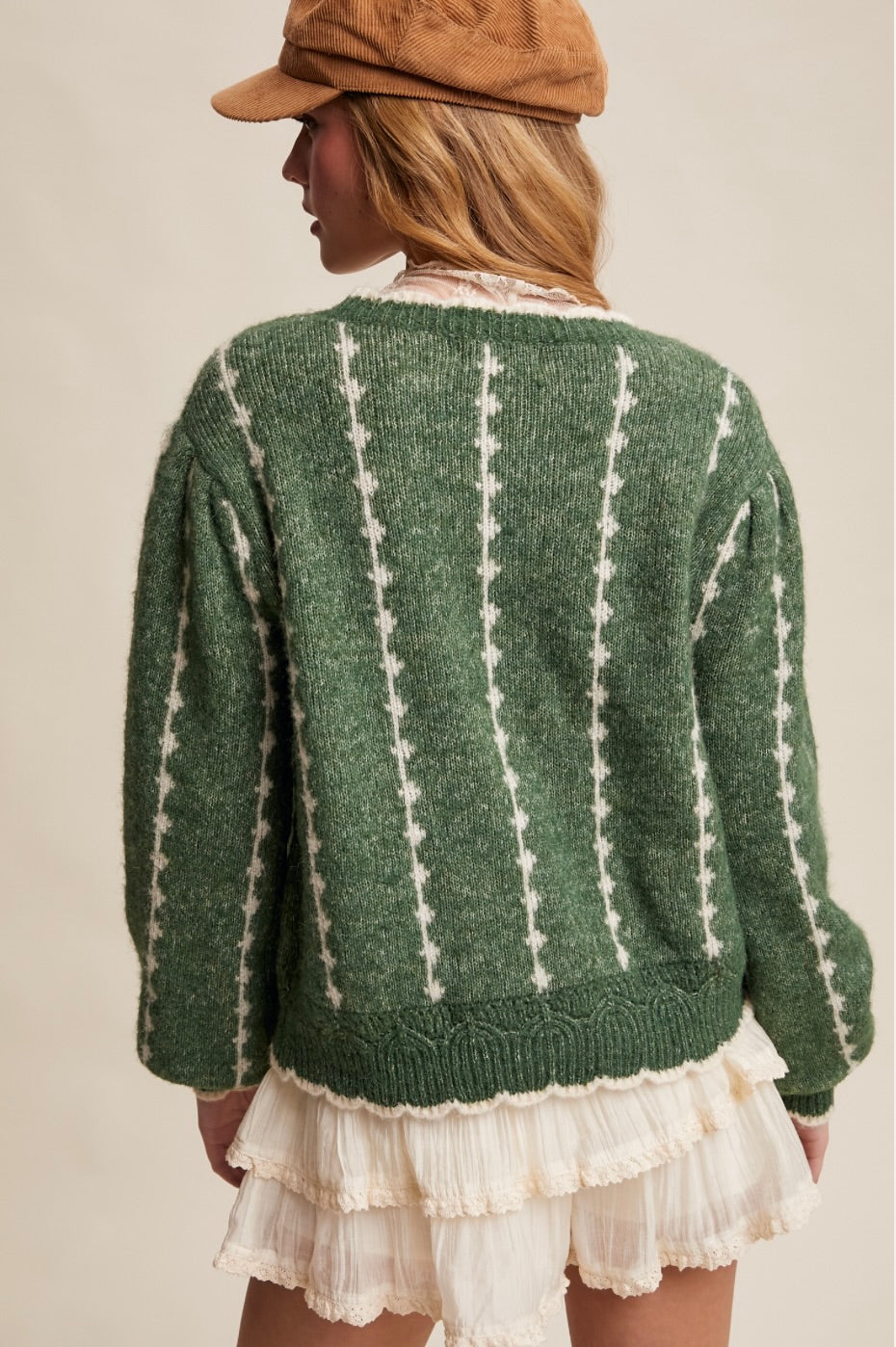Textured Jacquard Knit Crew Sweater-Green