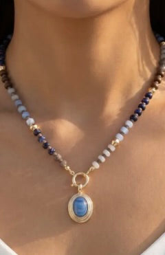 Chunky Bead Necklace with Oval Stone Pendant