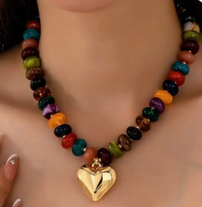 Multicolor Rondelle Beaded Necklace Gold Heart