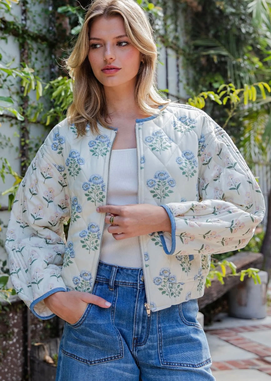 Floral Print Quilted Zip Front Jacket-Butter Cream