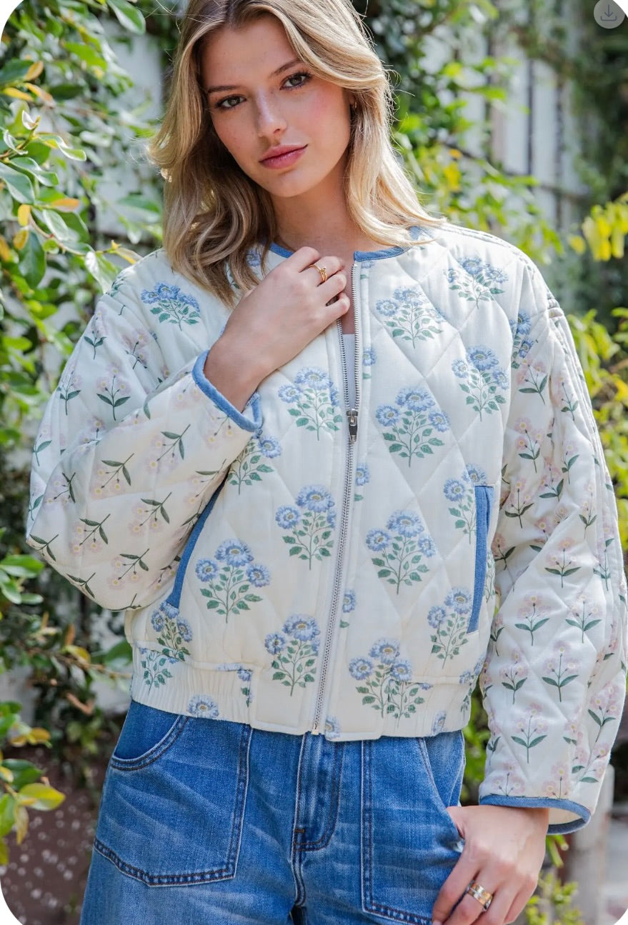 Floral Print Quilted Zip Front Jacket-Butter Cream