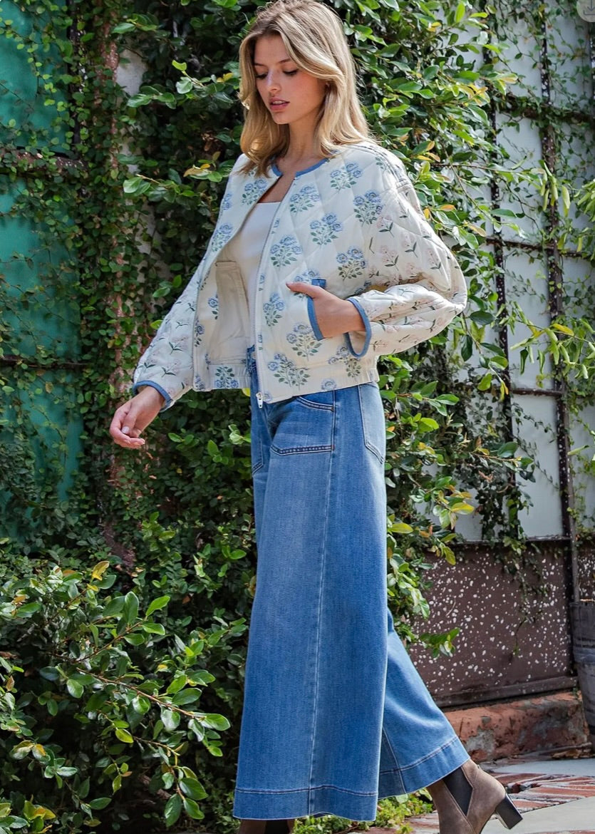 Floral Print Quilted Zip Front Jacket-Butter Cream