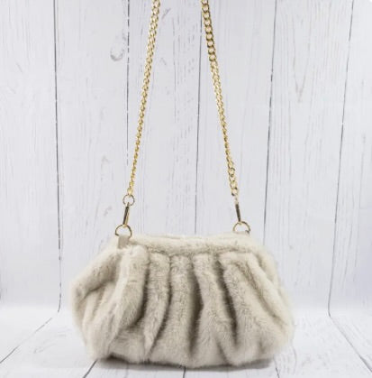 Pleated Plush Chain Strap Crossbody-Ivory
