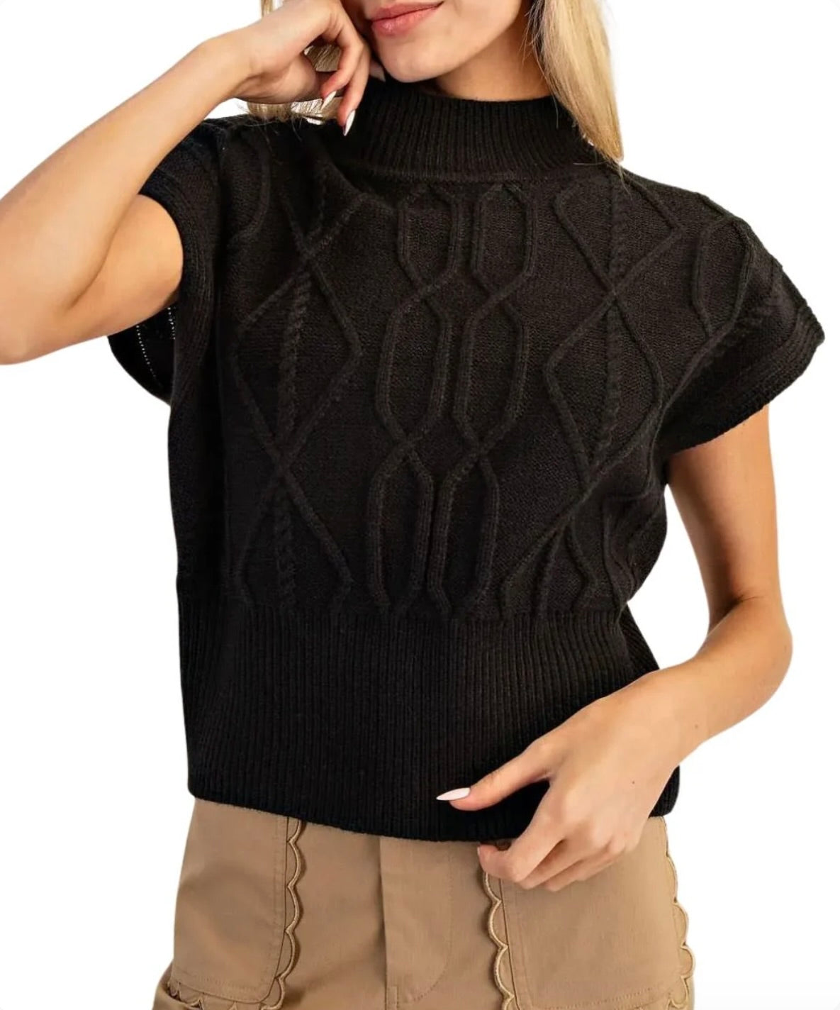 Justine Diamond Cable Knit Cap Sleeve Sweater-Black