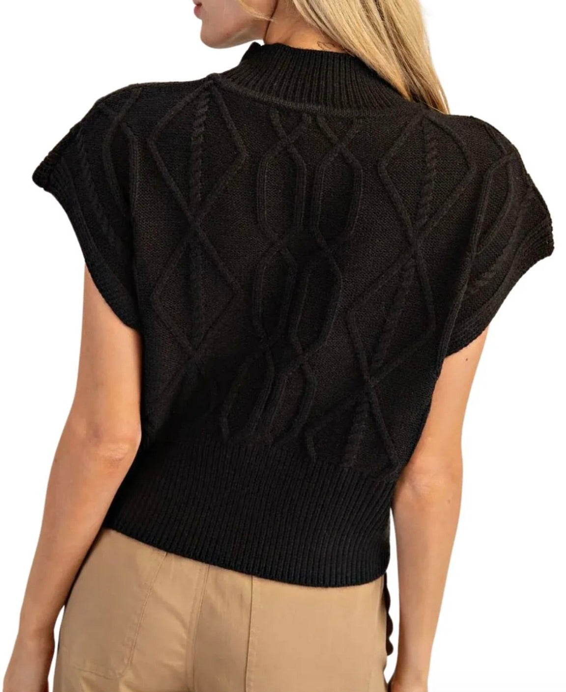 Justine Diamond Cable Knit Cap Sleeve Sweater-Black