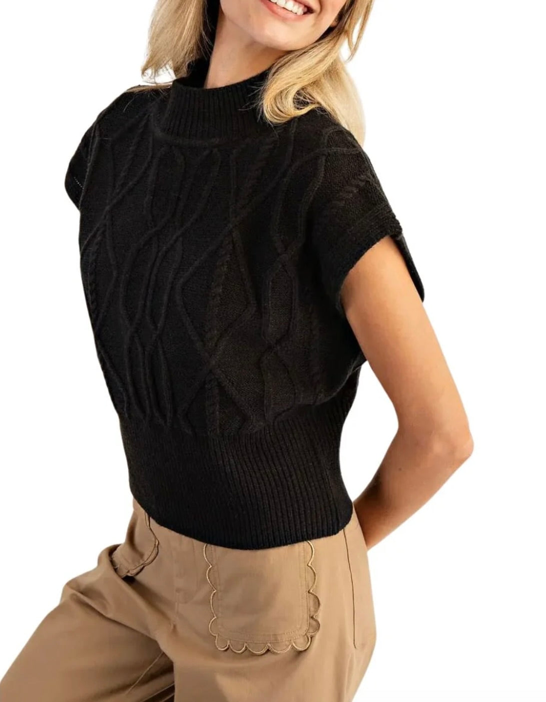 Justine Diamond Cable Knit Cap Sleeve Sweater-Black