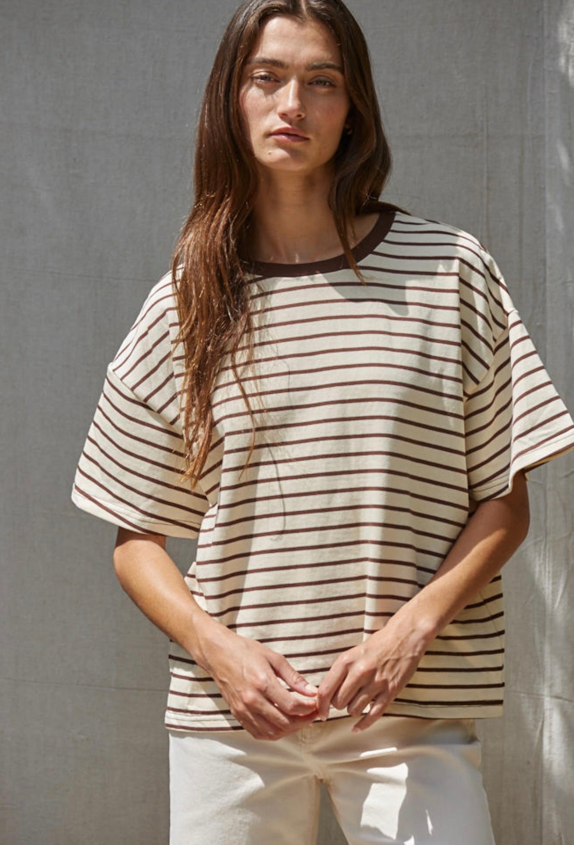 Landon Striped Tee-Cream/Chocolate