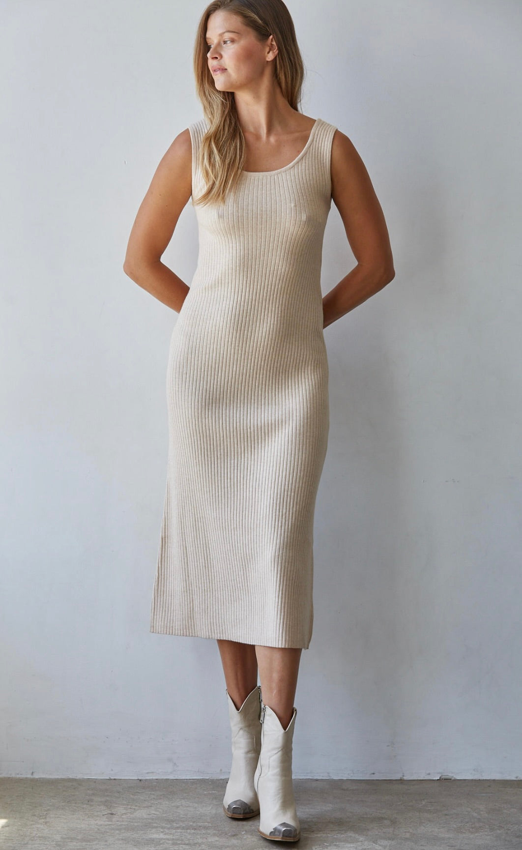 Apollo Ribbed Midi Dress-Cream