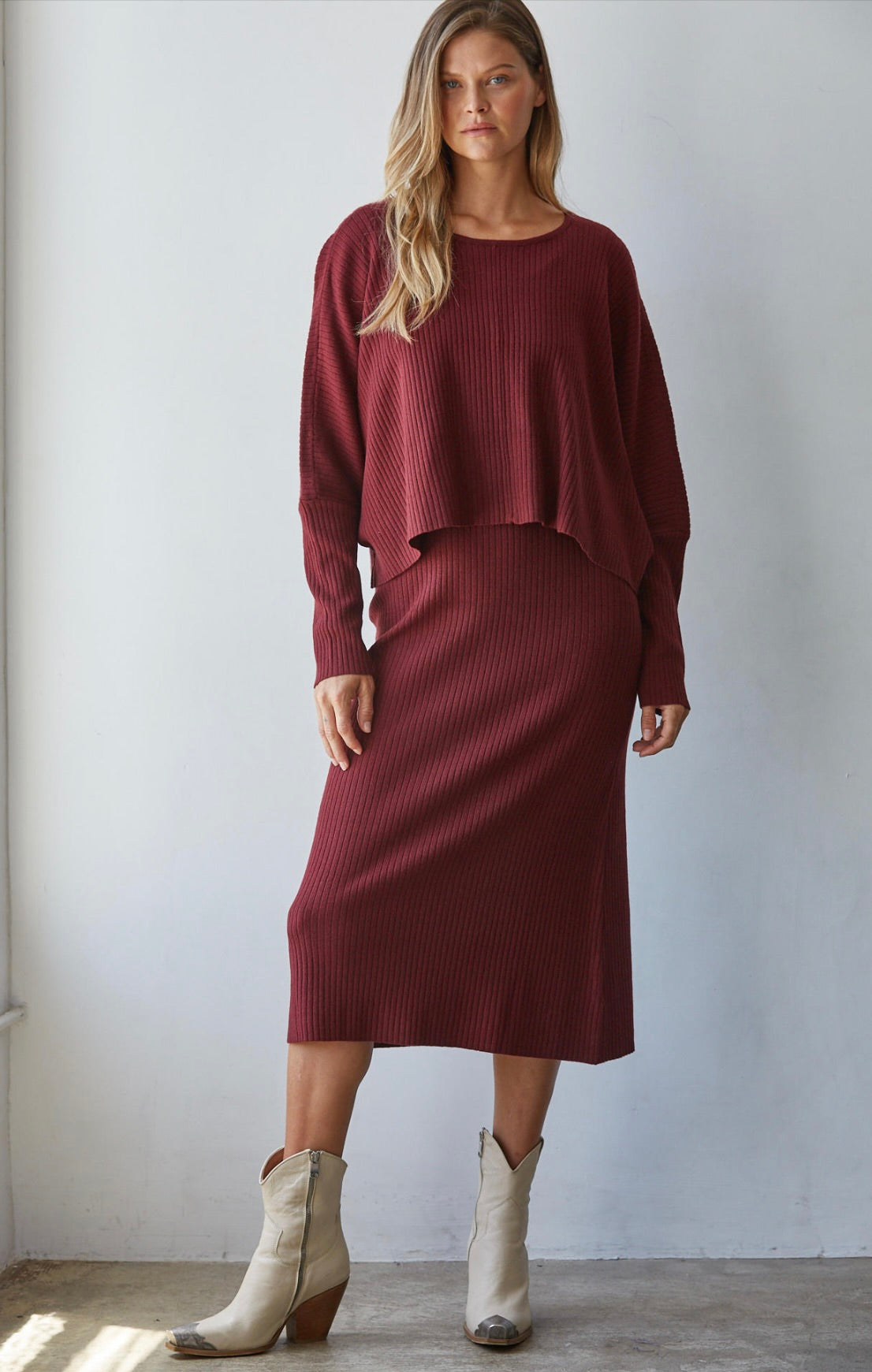 Apollo Ribbed Midi Dress-Wine