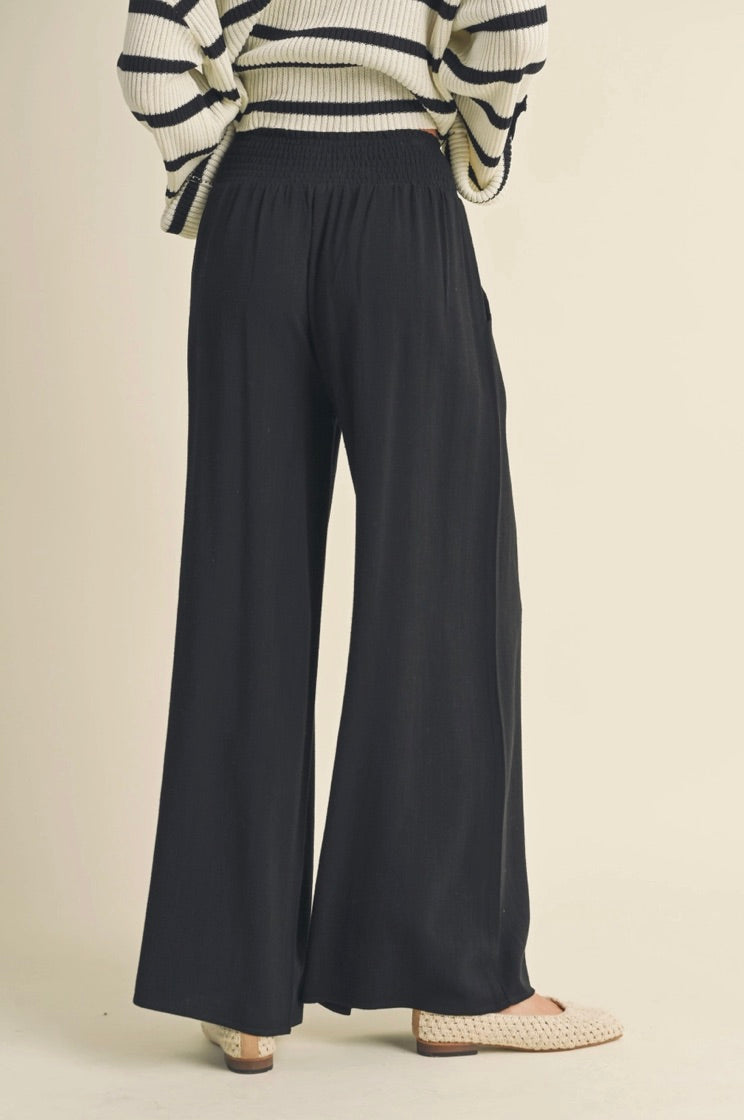 COTTON LINEN SMOCKED WAIST PANTS WITH TASSEL-Black