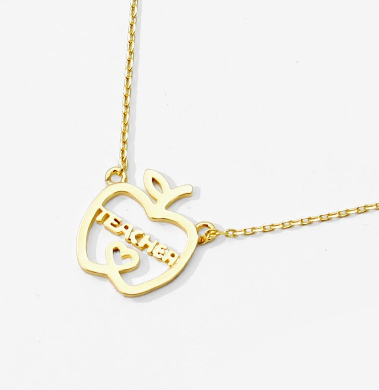 Gold or Silver-Dipped Teacher Apple-Shaped Charm Necklace