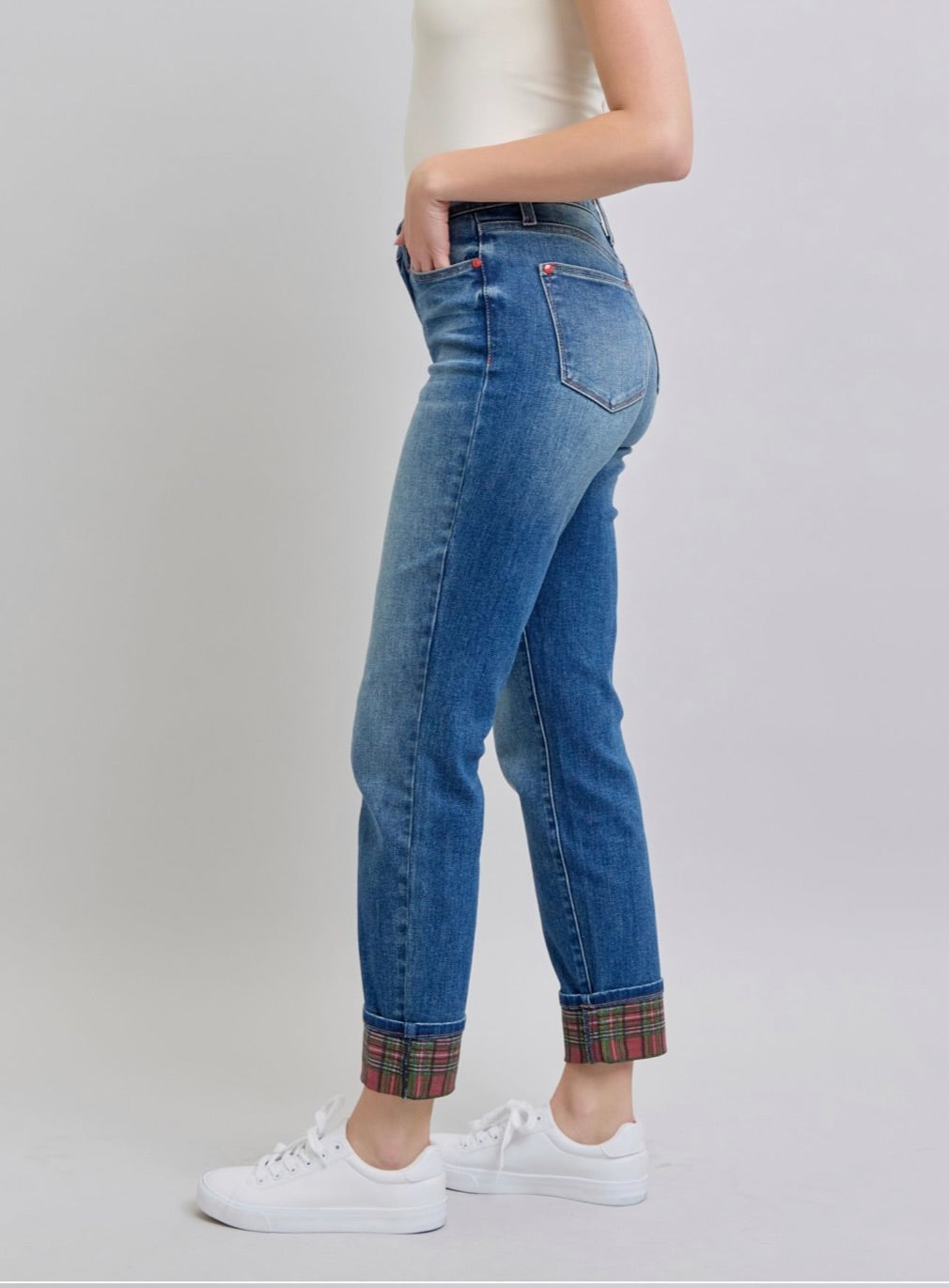 Prancer MR Plaid Print Cuff BF Jeans