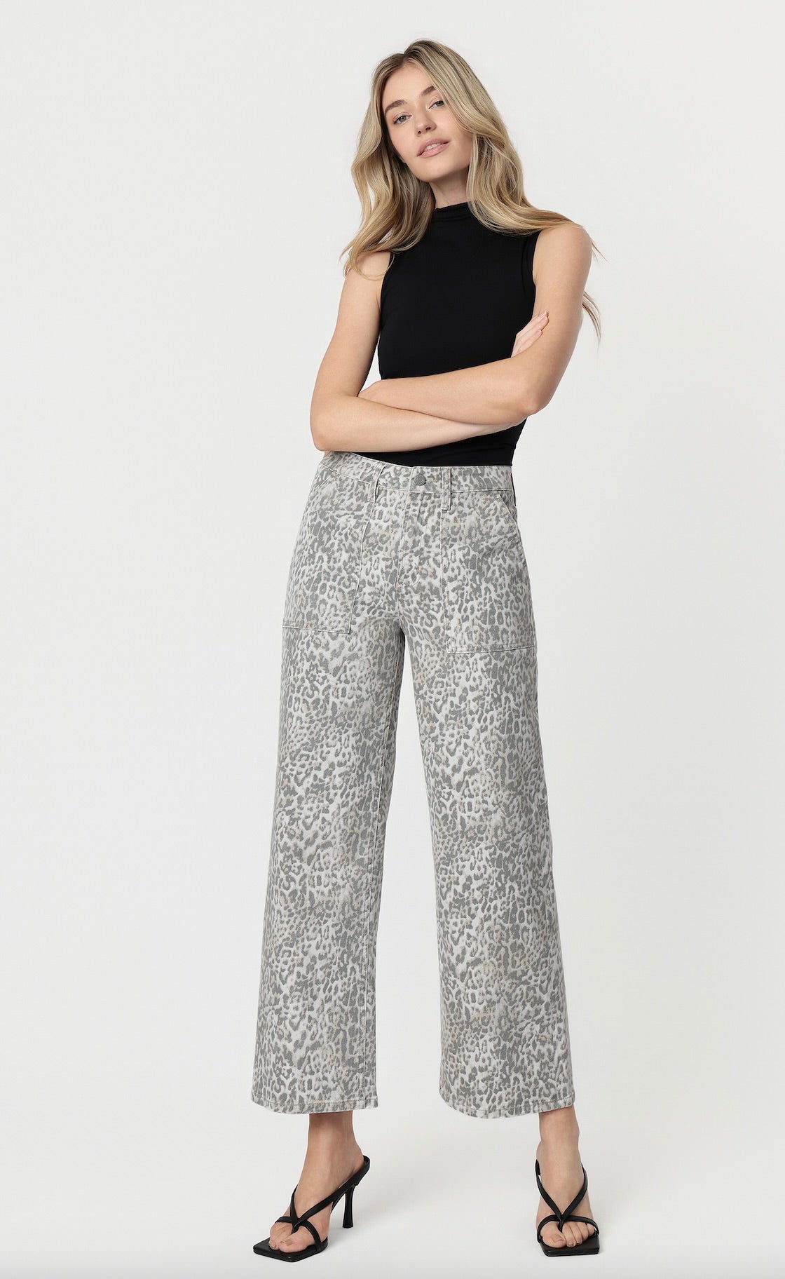 High Rise Patch Pocket Leopard Print Baggy Wide Jeans