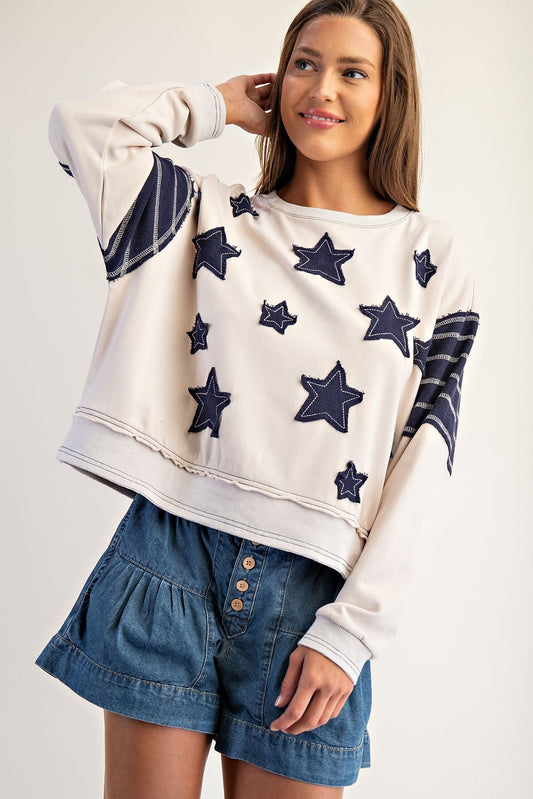 Gloria Star Patch Long Sleeve Pullover-Midnight Cream