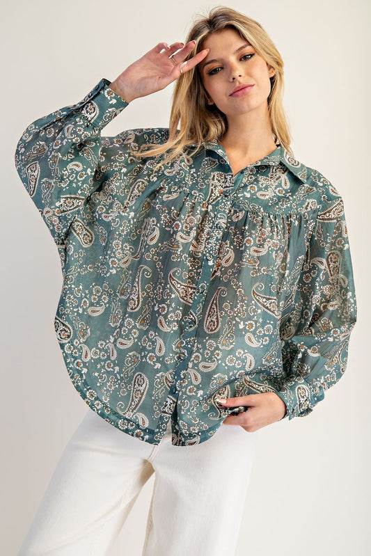 Paisley Printed Long Sleeve Blouse-Teal