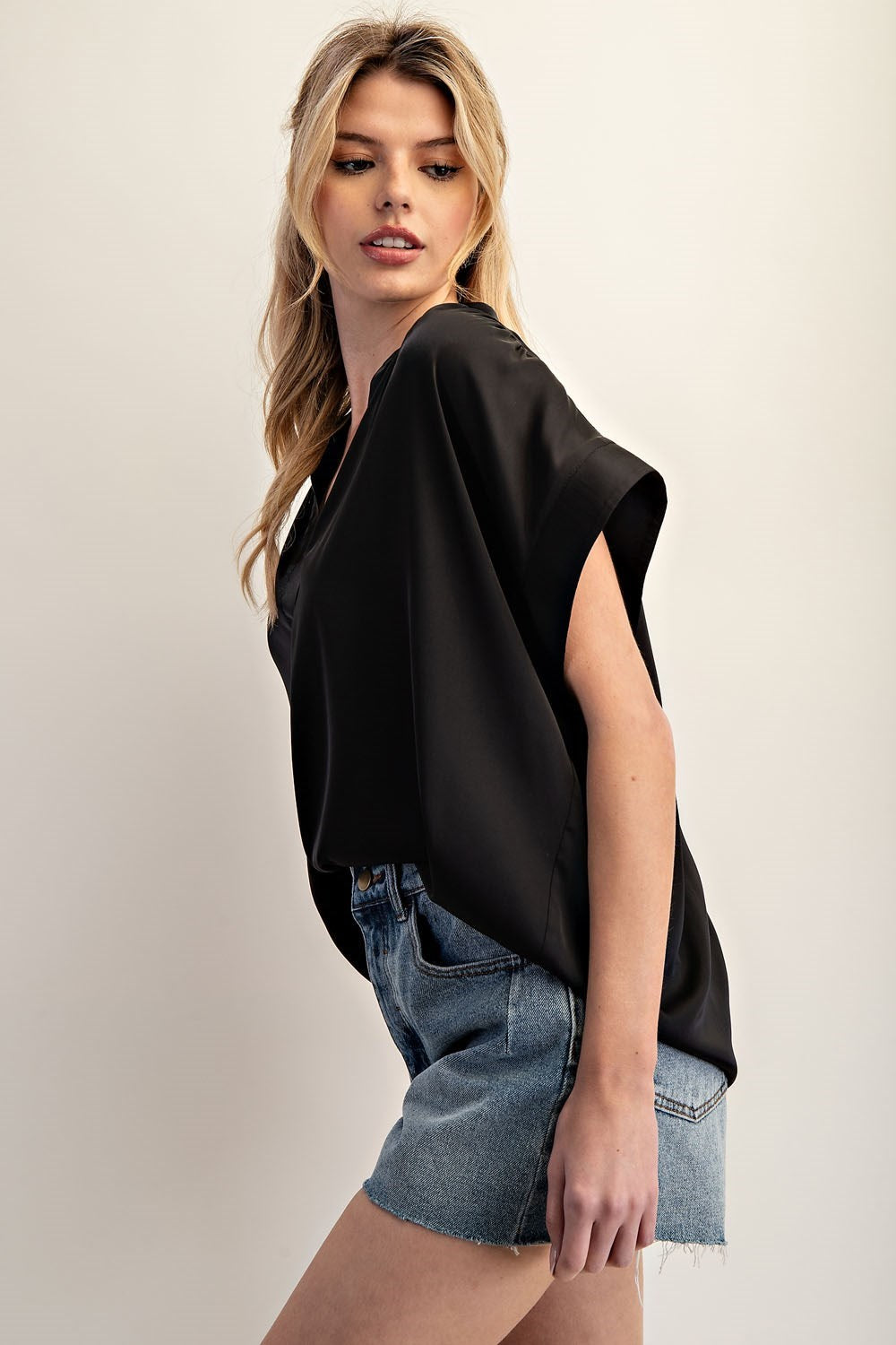 Gabriella Short Sleeve Satin Blouse-Black