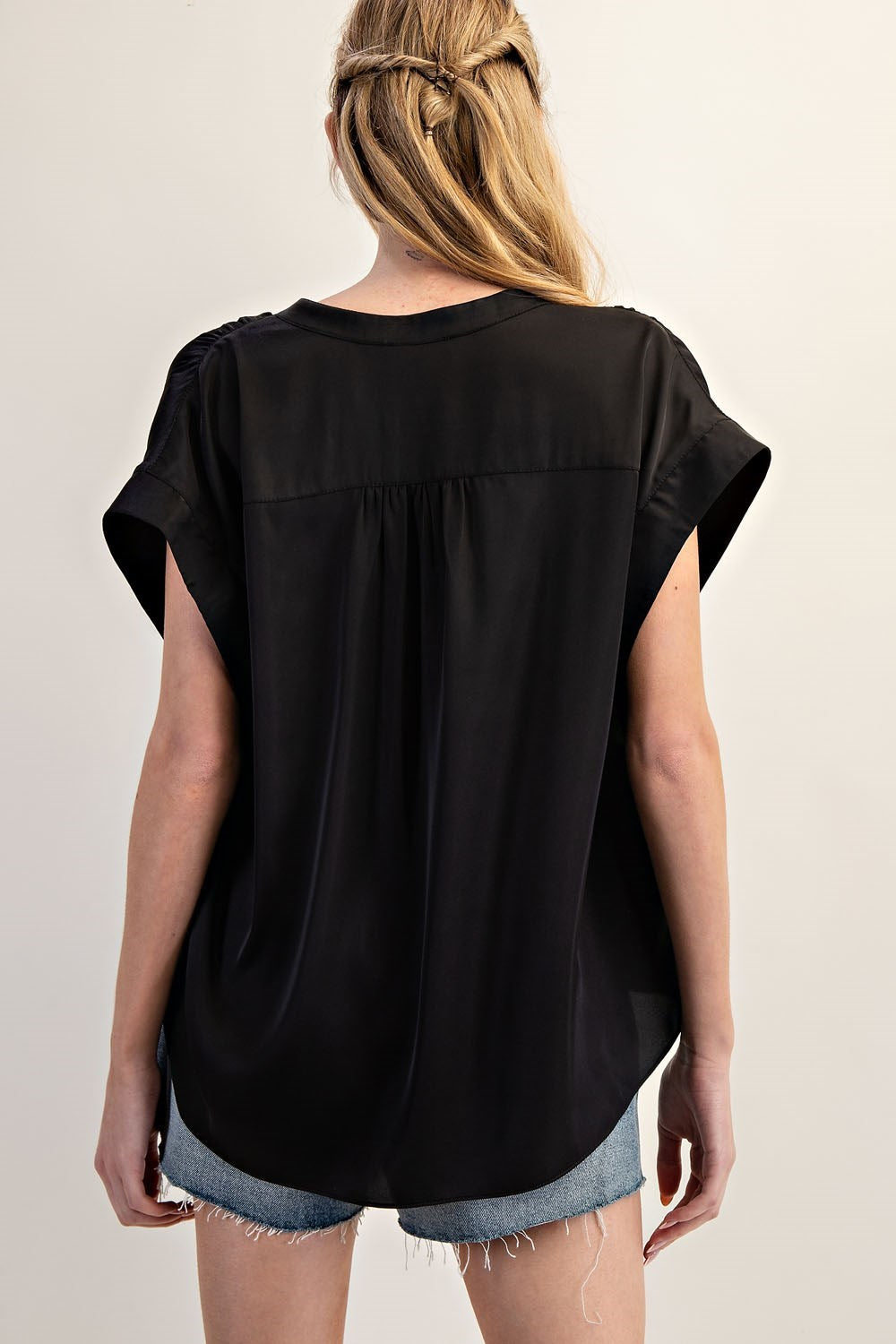 Gabriella Short Sleeve Satin Blouse-Black