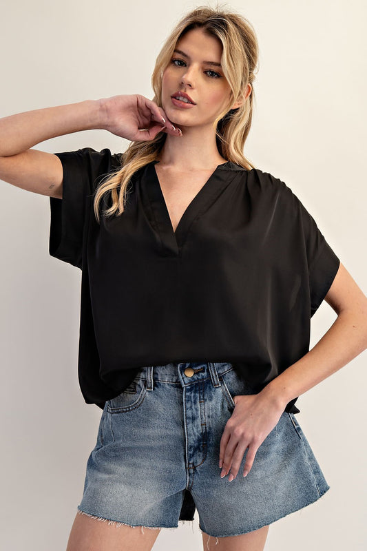 Gabriella Short Sleeve Satin Blouse-Black