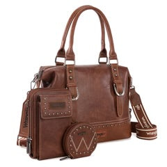 Wrangler 3Pcs Set Buckle Classic Barrel Satchel With Phone Wallet Crossbody -Brown