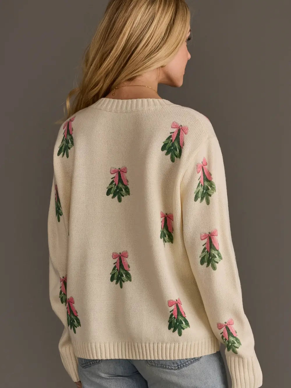 Ivory Tree Sweater with Pink Bows