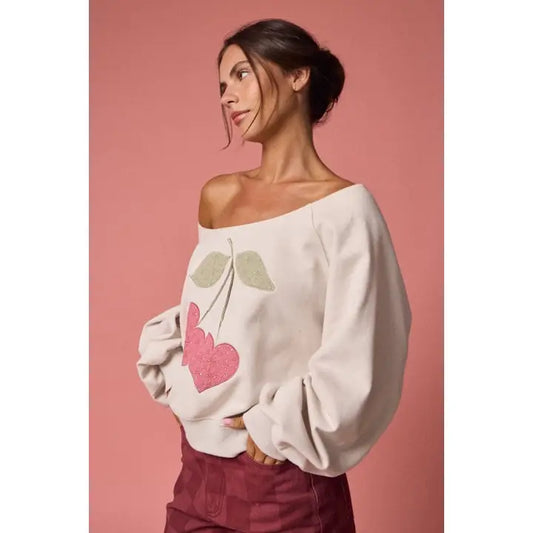 Cherry Embroidery Off Shoulder Sweater Top